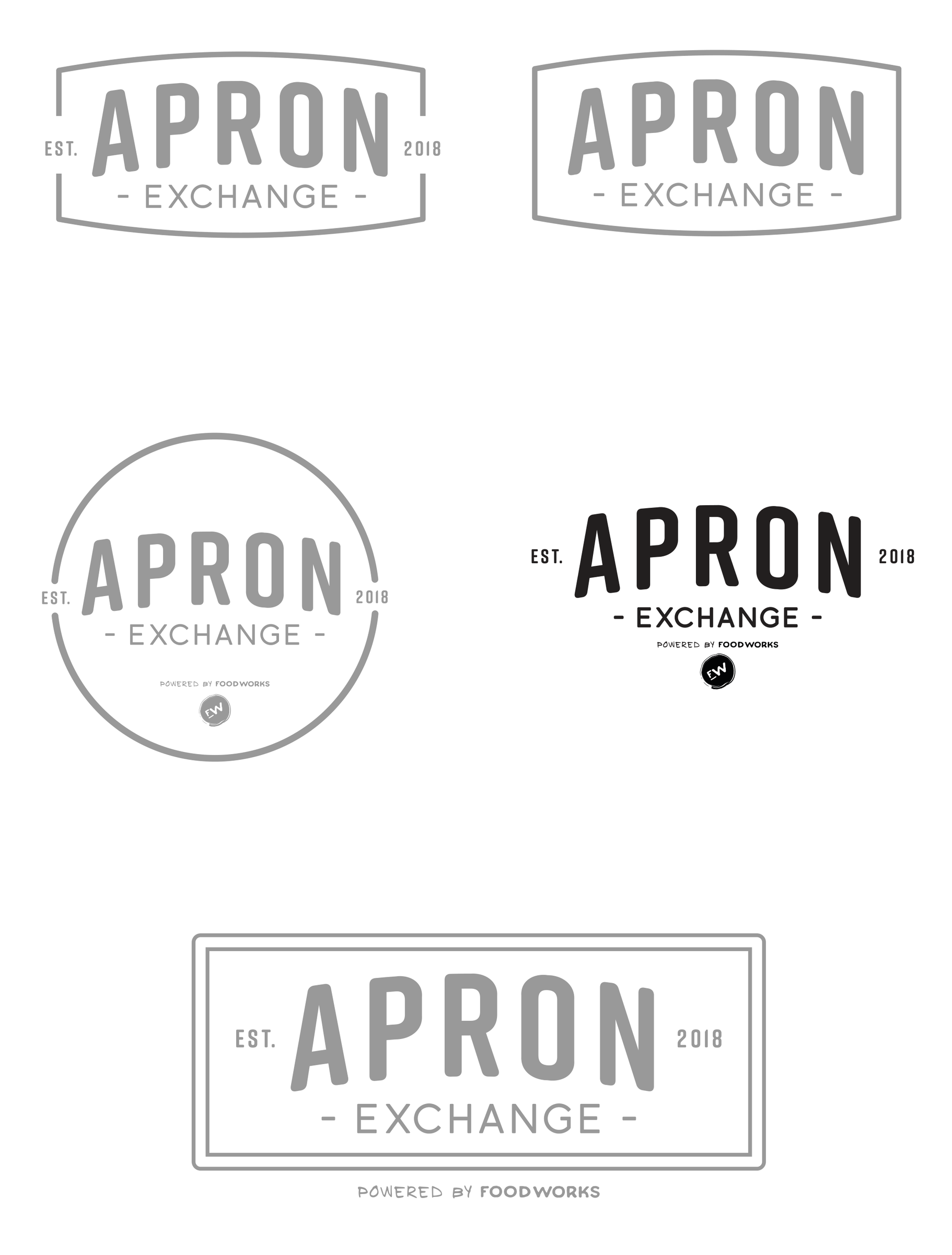 Five original secondary wordmark proposals in framed, circular and uncontained forms