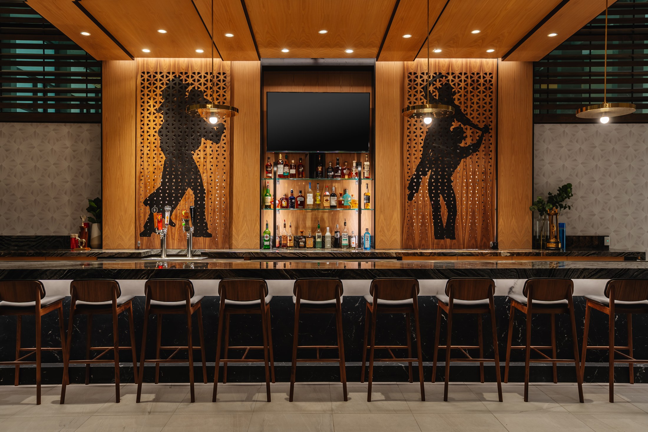 The wood-paneled Seely’s Mill bar, photographed straight on