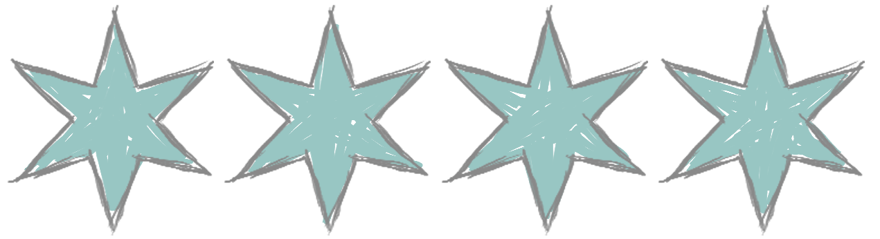 Four hand-drawn Chicago flag stars filled with teal