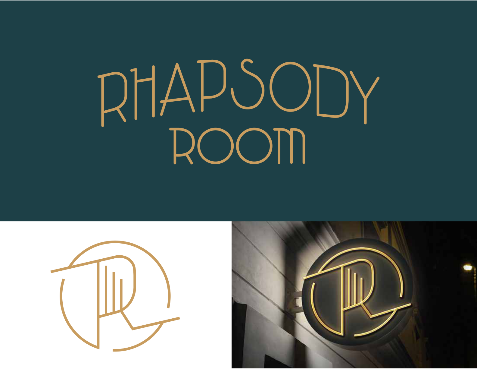 Archived Rhapsody Room identity presentation with wordmark, monogram and sign image