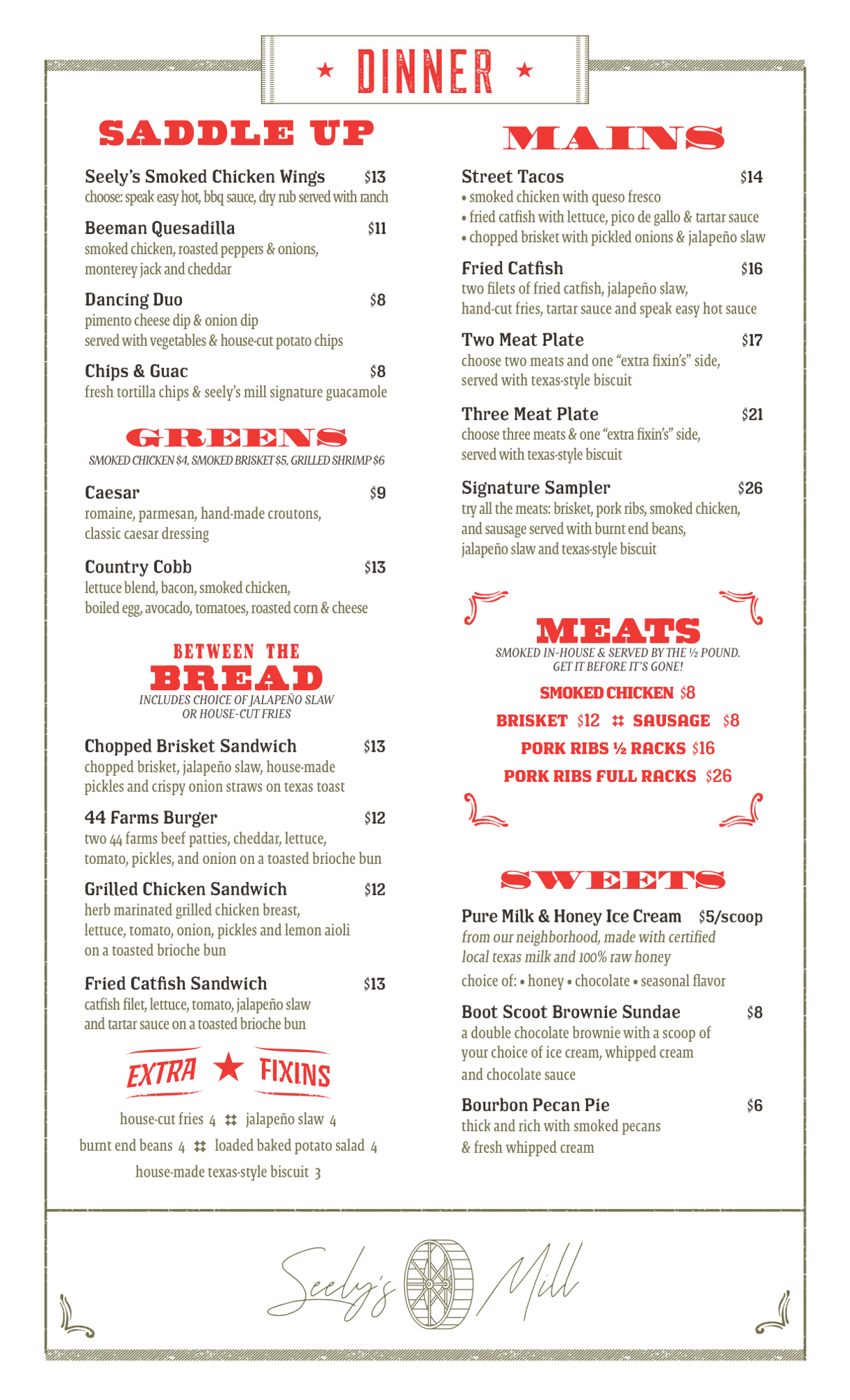 Seely’s Mill November 2020 dinner menu